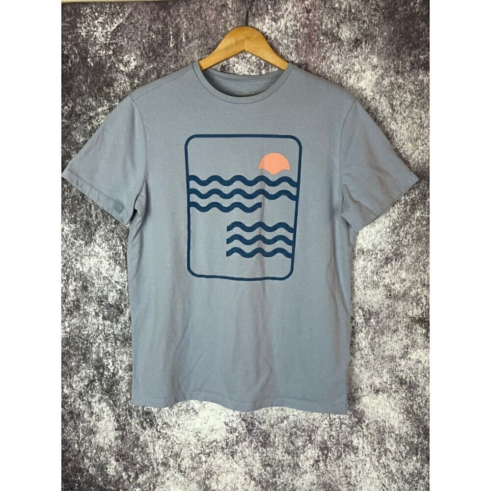 Goodfellow Shirt Mens Medium Ocean Waves Sun Graphic Foggy Blue Beach Surf Skate